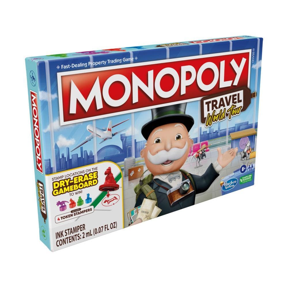 Monopoly Travel World Tour Board Game for Families and Kids Ages 8+, Includes Token Stampers and Dry-Erase Gameboard