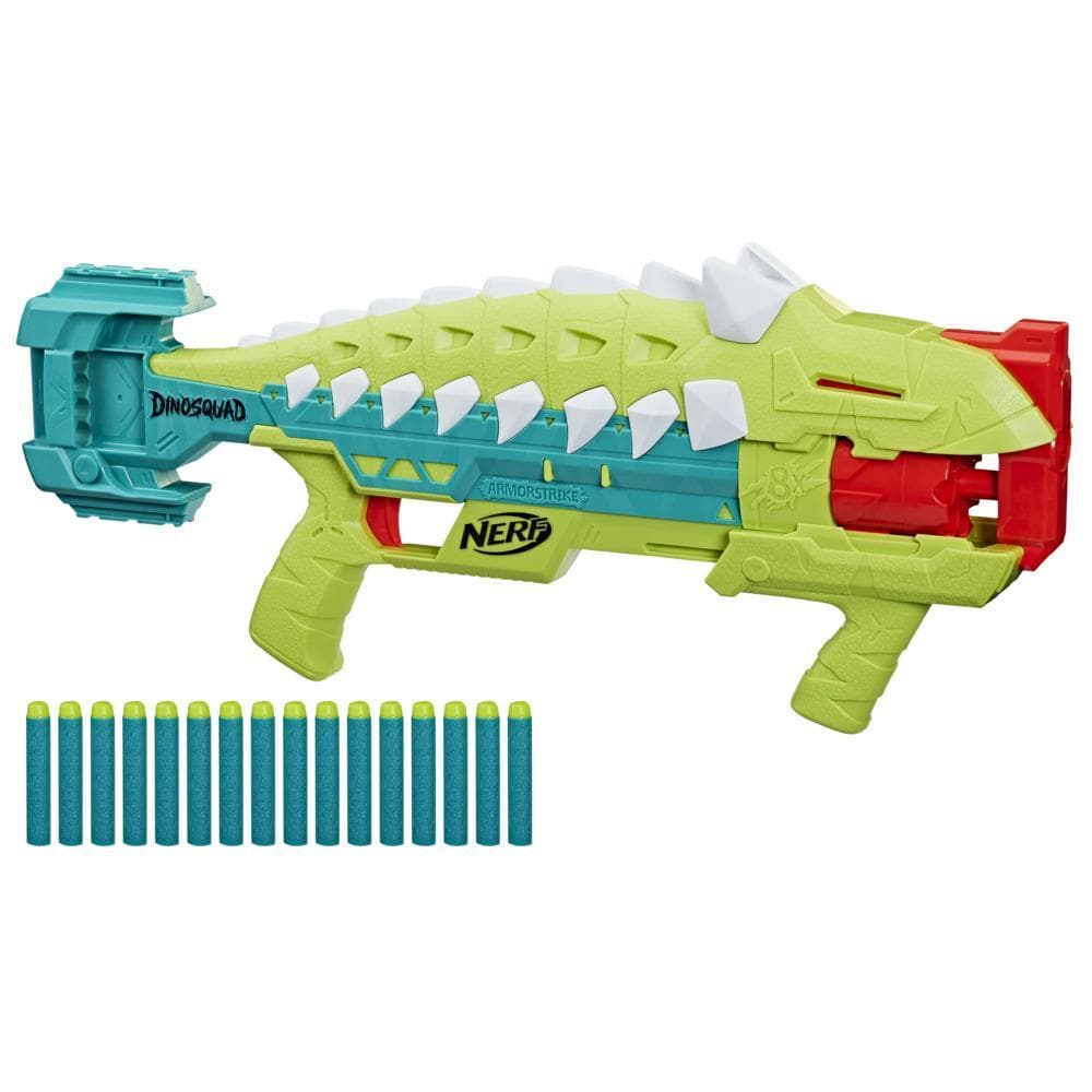 Nerf DinoSquad Armorstrike Dart Blaster, 8-Dart Rotating Drum, Drop Grip, 16 Nerf Elite Darts, Anklyosaurus Dinosaur Design