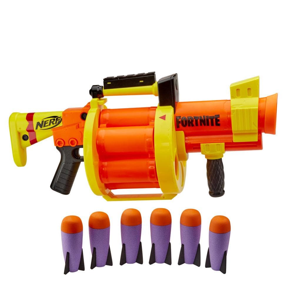 Nerf Fortnite GL Rocket-Firing Blaster --  6-Rocket Drum, Pump-To-Fire -- Includes 6 Official Nerf Rockets