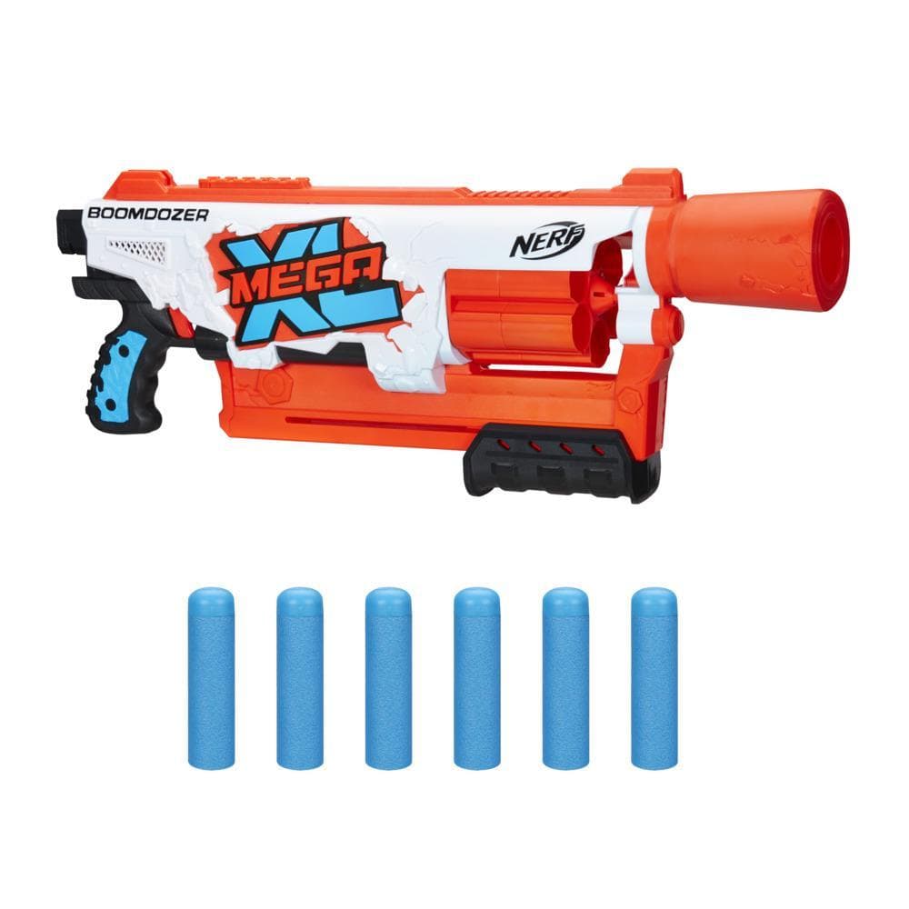 Nerf Mega XL Boom Dozer Blaster, Largest Nerf Mega Darts Ever, XL 6-Dart Rotating Drum, 6 Nerf Mega XL Whistler Darts