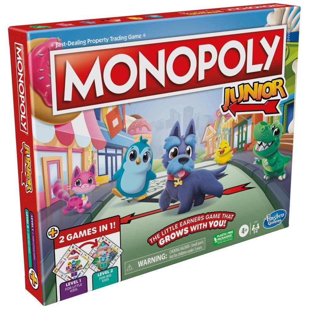 Monopoly Junior Board Game, 2-Sided Gameboard, 2 Games in 1, Monopoly Game for Ages 4+