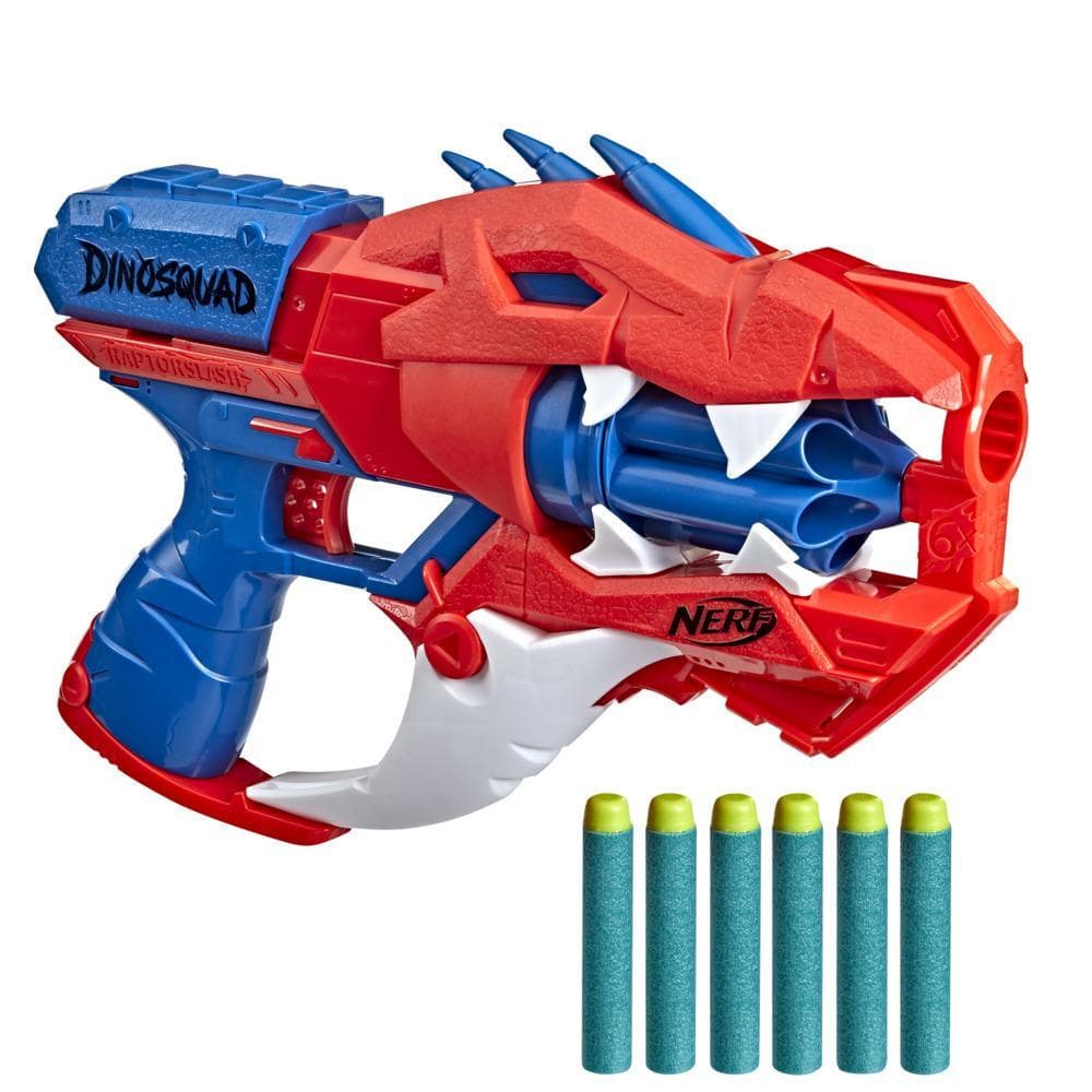 Nerf DinoSquad Raptor-Slash Dart Blaster, 6-Dart Rotating Drum, Slam Fire, 6 Nerf Darts, Velociraptor Dinosaur Design