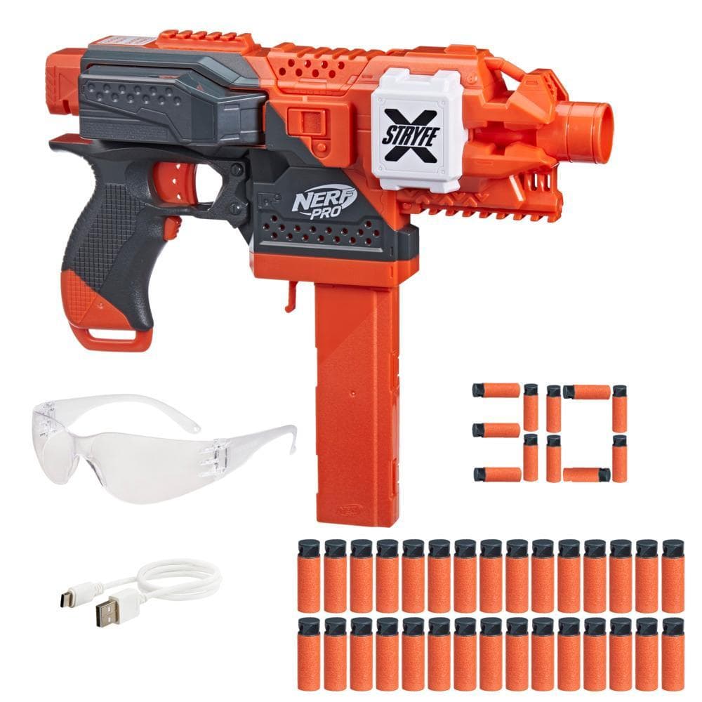 Nerf Pro Stryfe X Dart Blaster, Battery, 30 Nerf AccuStrike Half-Length Darts, Magazine, Eyewear