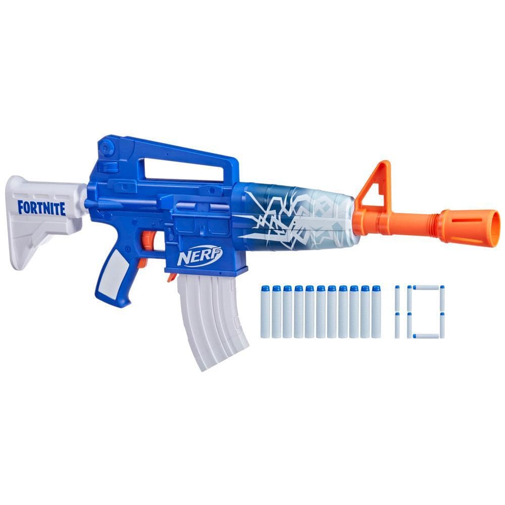 Nerf Fortnite Blue Shock, blaster avec chargeur à 10 fléchettes, 10 fléchettes Nerf Elite et code pour déverrouiller un revêtement