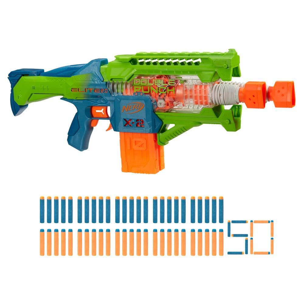 Nerf Elite 2.0, blaster Double Punch, 50 fléchettes Elite, 2 chargeurs 10 fléchettes, blaster motorisé, dès 8 ans