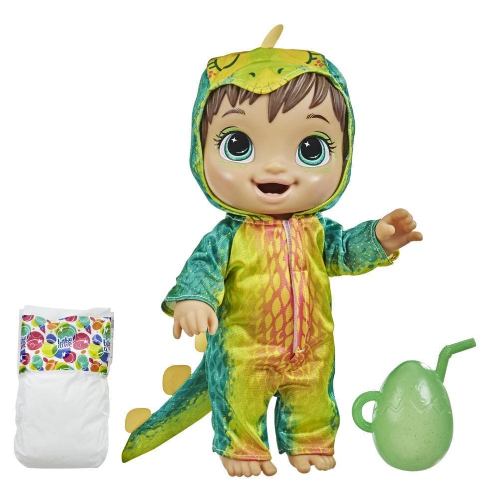Baby Alive Dino Cuties Doll, Stegosaurus, Drinks, Wets, Dinosaur Toy for Kids Ages 3 Years and Up, Brown Hair