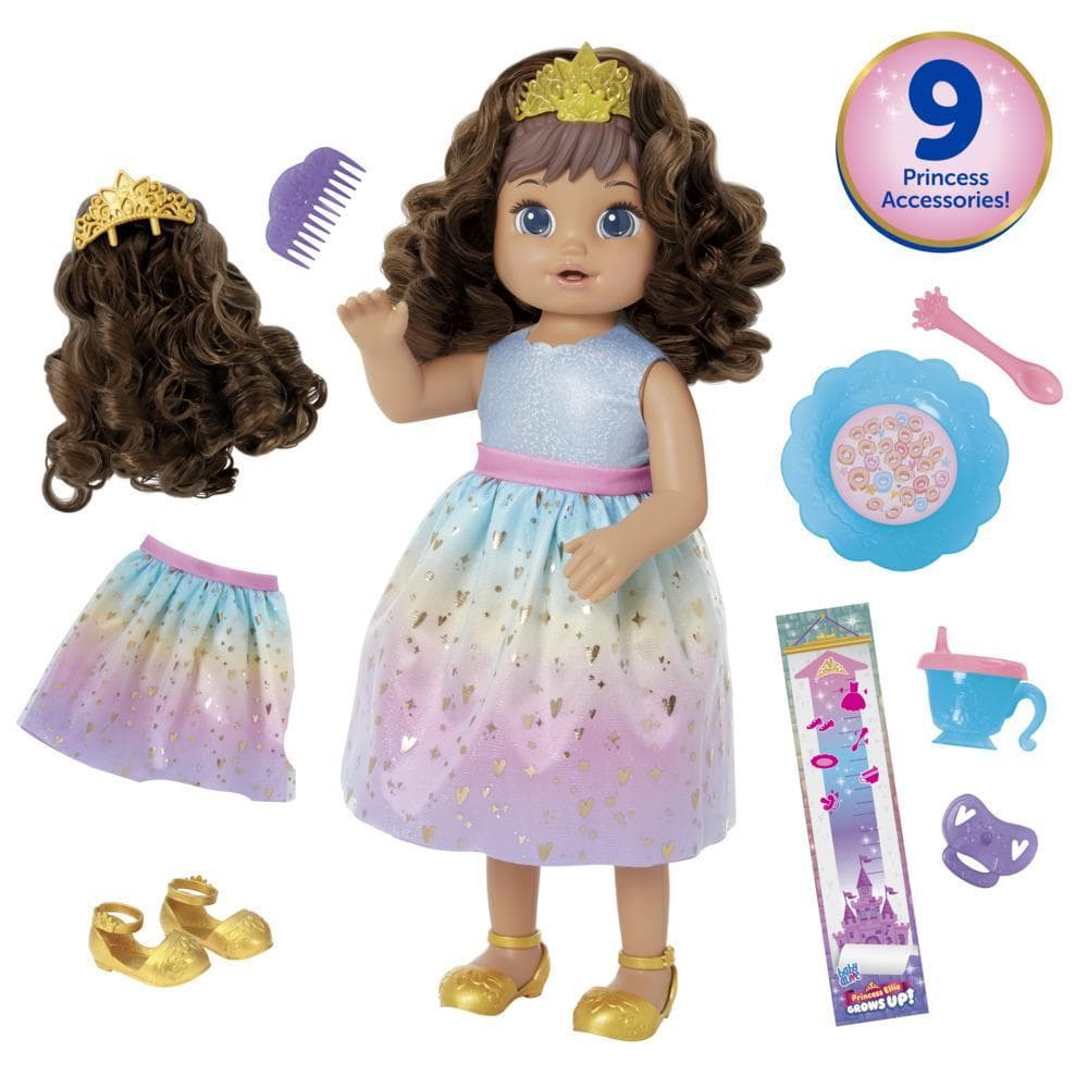 Baby Alive Princess Ellie Grows Up! Doll, 18-Inch Growing Talking Baby Doll Toy for Kids Ages 3 and Up, Brown Hair