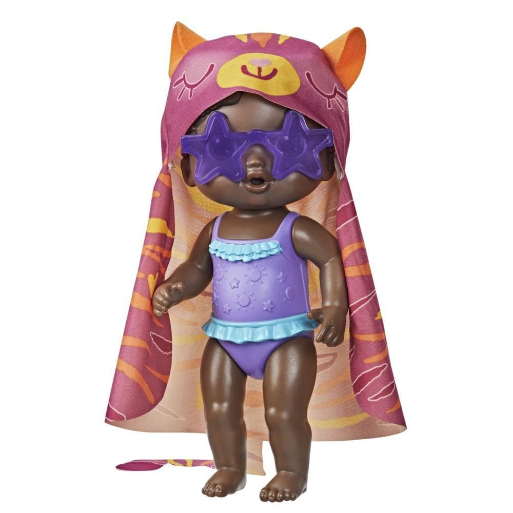 Baby Alive Sunshine Love Doll, Tiger Towel, 10-Inch Waterplay Baby Doll, Sunglasses, Black Hair Toy for Kids 3 and Up