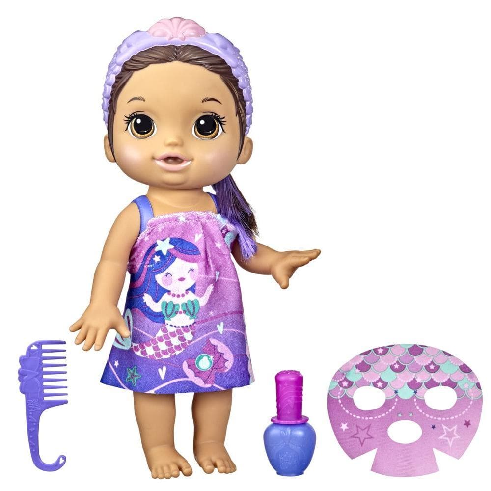 Baby Alive Glam Spa Baby Doll, Mermaid, Color Reveal Nails and Makeup, 12.6-Inch Waterplay Toy, Kids 3 and Up, Brown Hair