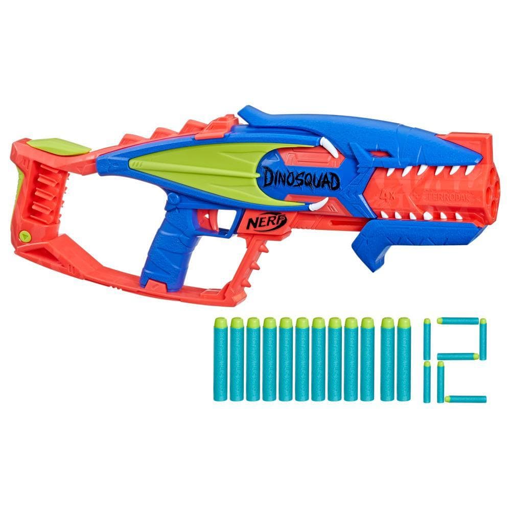 Nerf DinoSquad Terrodak, 12 Nerf Elite Darts, Dinosaur Design, 4 Dart Toy Foam Nerf Blaster for Kids Outdoor Games