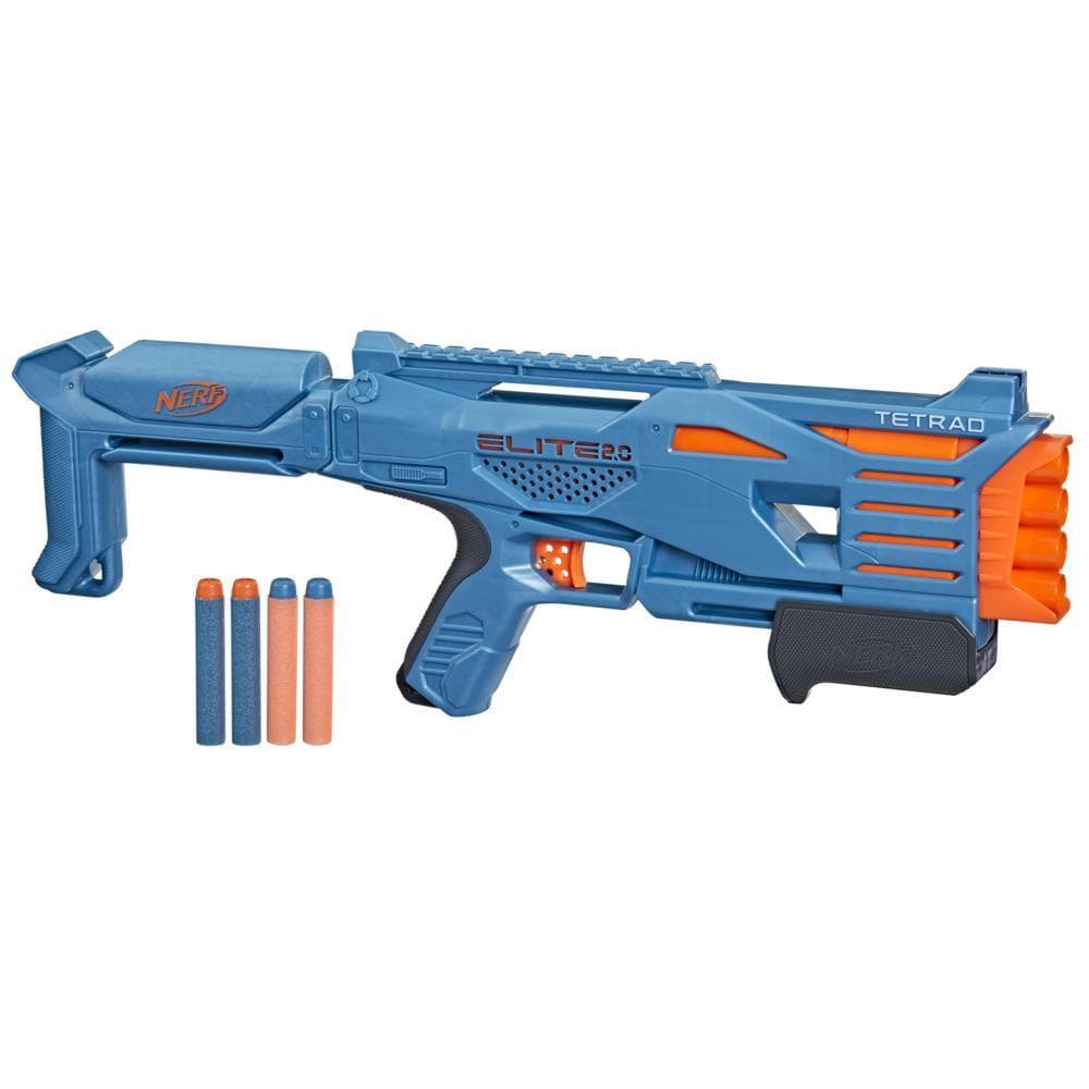 Nerf Elite 2.0 Tetrad QS-4 Blaster, 4 Nerf Elite Darts, 4-Barrel Blasting, Tactical Rail for Customizing Capability