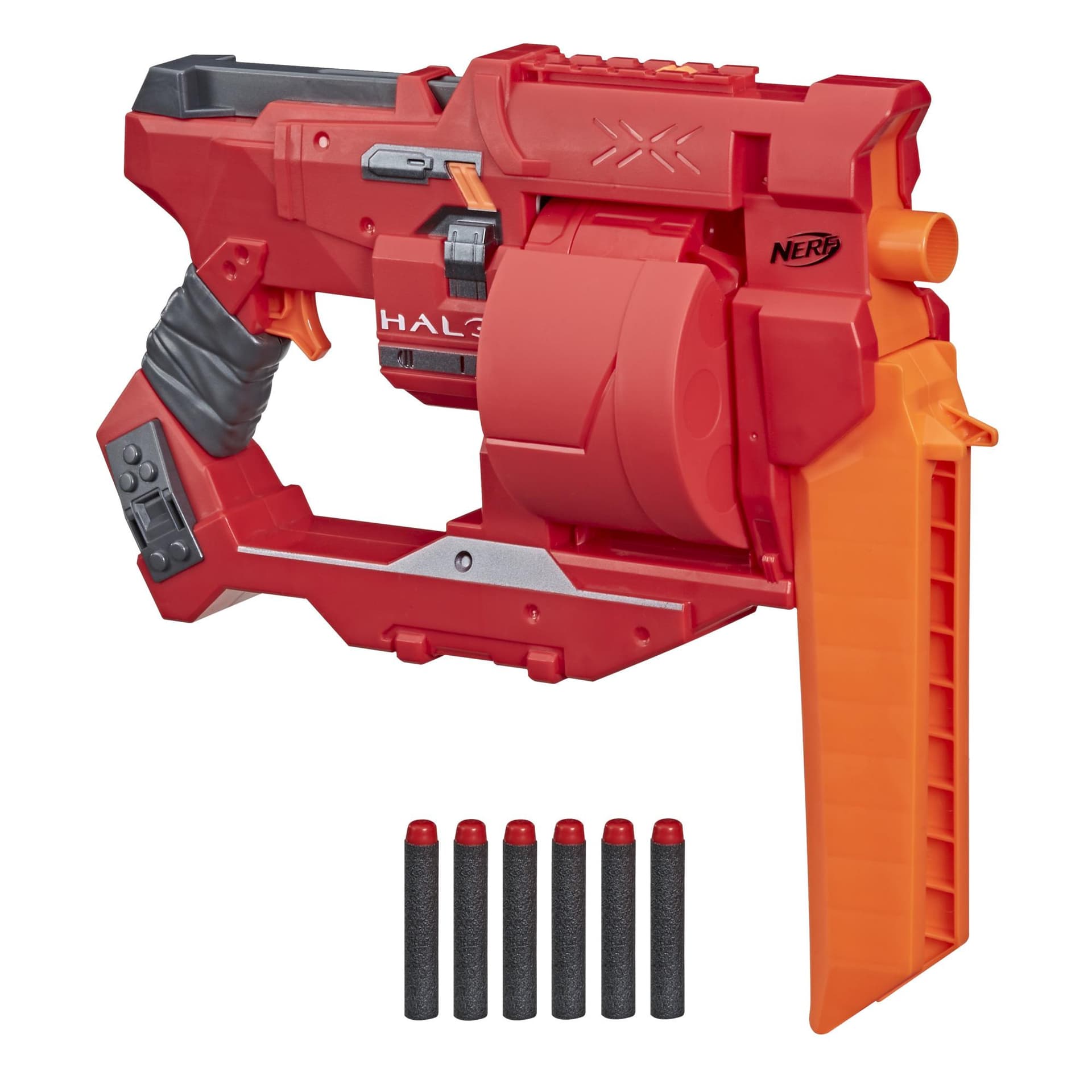 Nerf Halo Mangler Dart Blaster -- Pull-Back Priming Handle, Rotating 6-Dart Drum -- Includes 6 Official Nerf Elite Darts