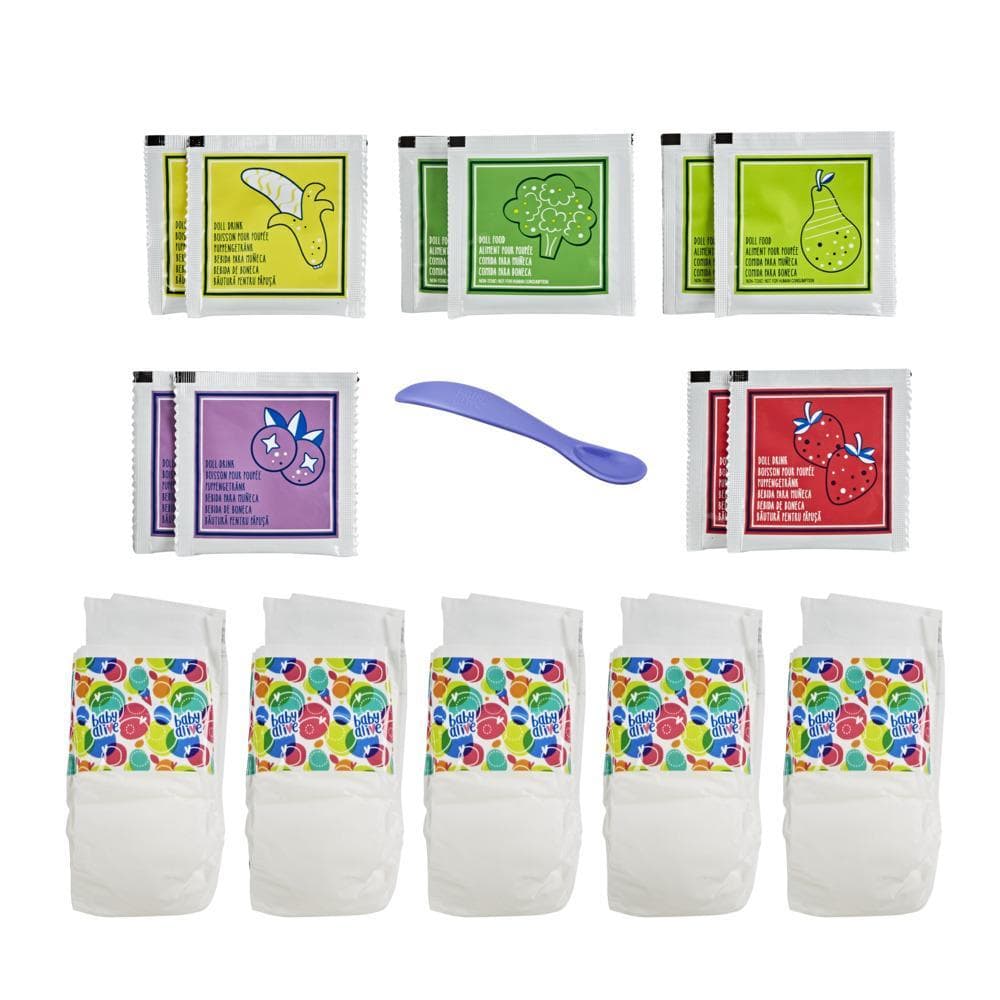 Baby Alive Doll Accessories Refill, 10 Powdered Doll Food Packets, 5 Doll Diapers, Spoon, Toy for Kids Ages 3+