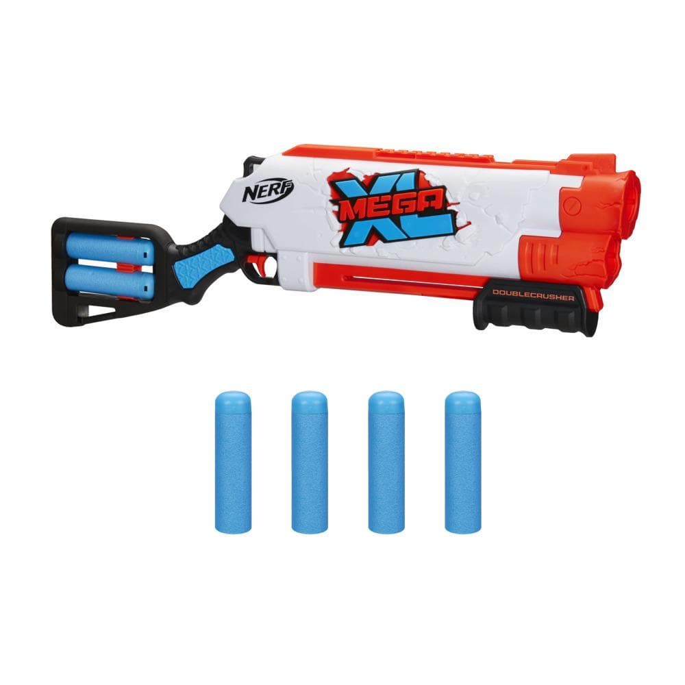 Nerf Mega XL Double Crusher Blaster, Largest Nerf Mega Darts Ever, 4 Nerf Mega XL Whistler Darts, Onboard Dart Storage