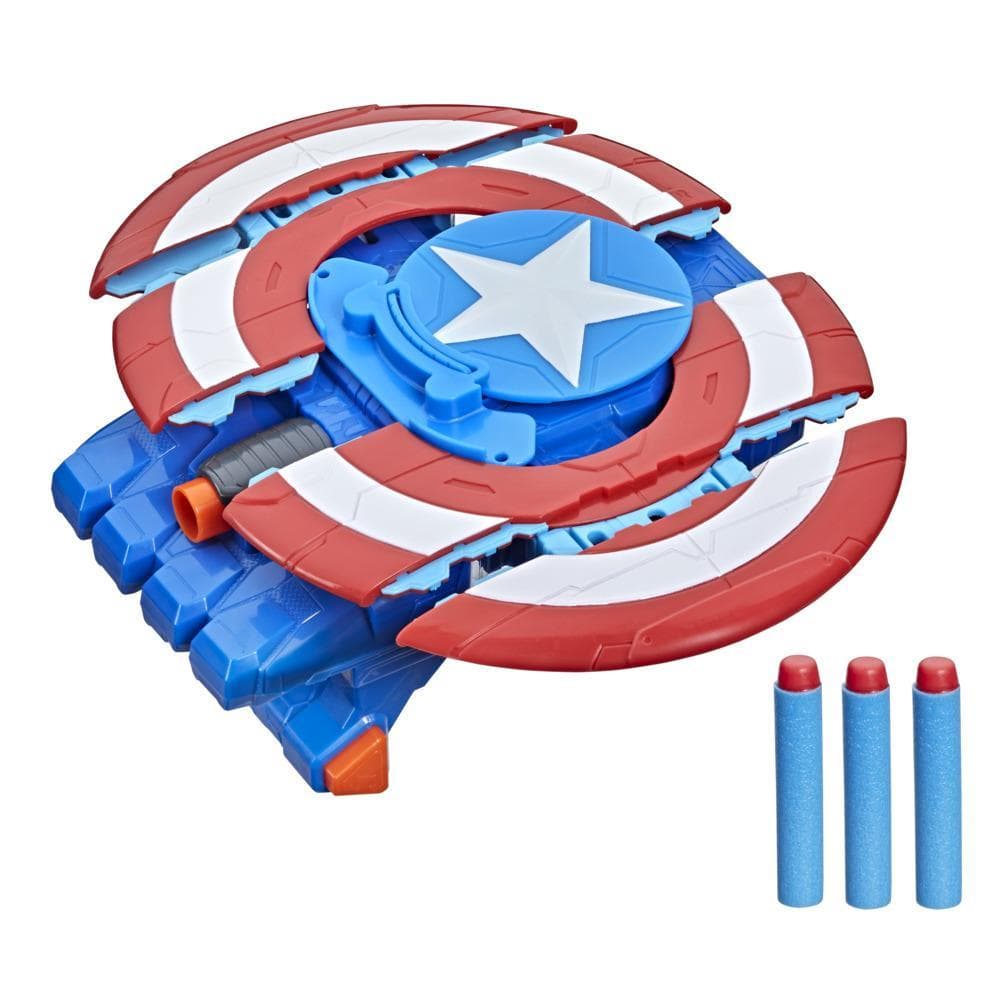 Hasbro Marvel Avengers Mech Strike Captain America Strikeshot Shield Role Play Toy, With 3 NERF Darts, Age 5 And Up