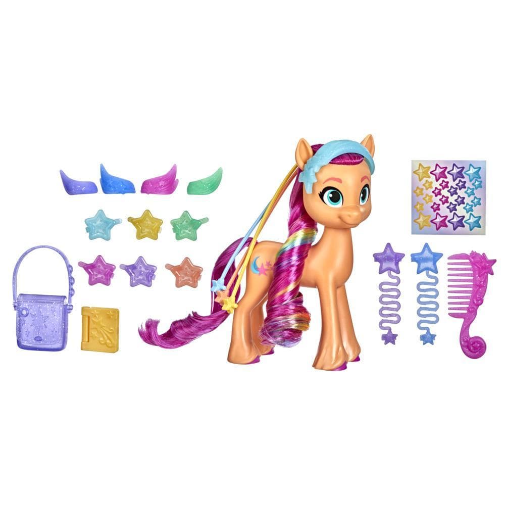 My Little Pony: A New Generation, Crinière arc-en-ciel Sunny Starscout, poney orange 15 cm, tresse surprise, 17 accessoires