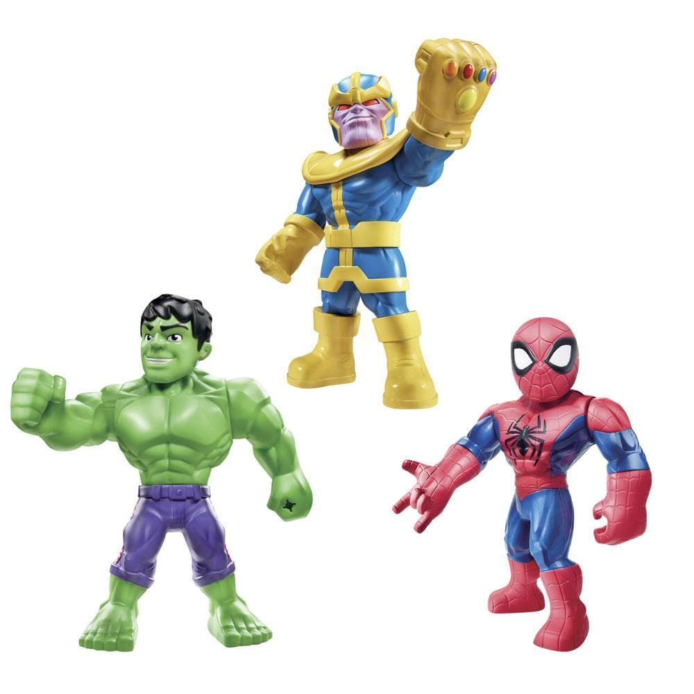 Playskool Heroes Marvel Super Hero Adventures Mega Mighties, pack de 3 figurines, Thanos, Spider-Man et Hulk de 25 cm